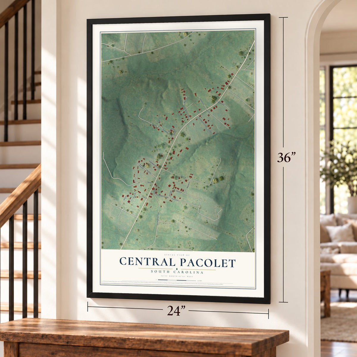 Central Pacolet, South Carolina map, 24 x 36 inch print in a black frame by a staircase