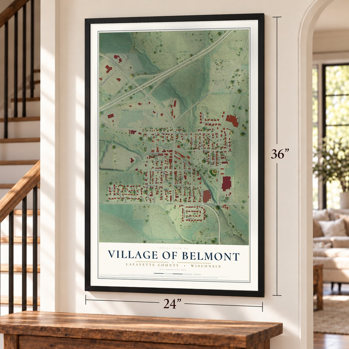 Belmont, Wisconsin map, 24 x 36 inch print in a black frame by a staircase