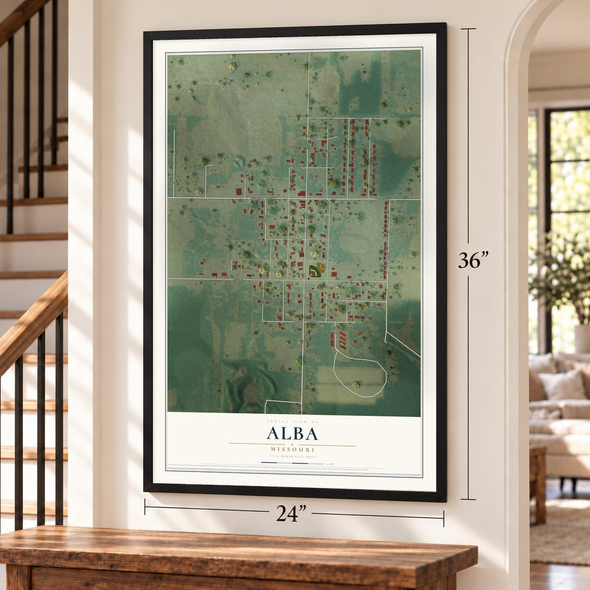 Alba, Missouri map, 24 x 36 inch print in a black frame by a staircase
