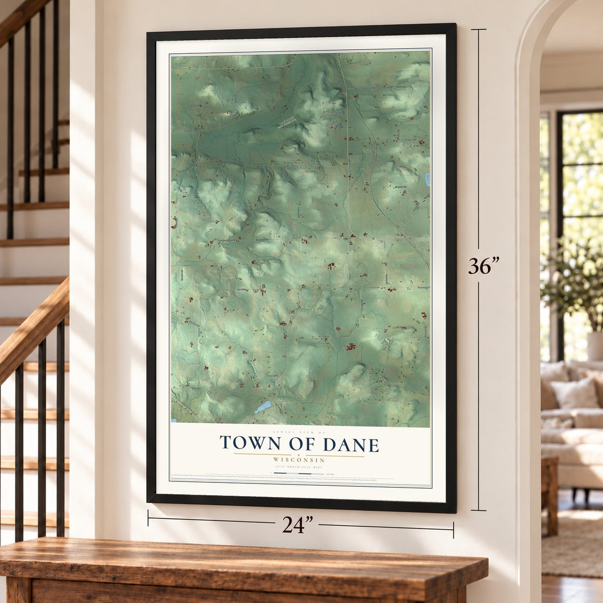 Town of Dane, Wisconsin map, 24 x 36 inch print in a black frame by a staircase