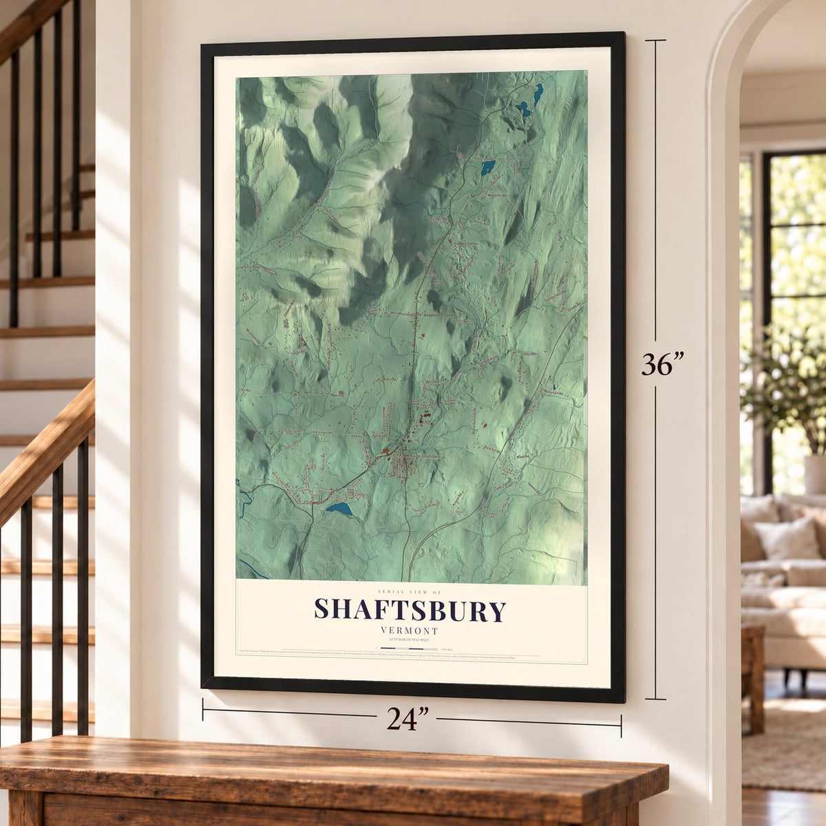 Shaftsbury, Vermont map, 24 x 36 inch print in a black frame by a staircase