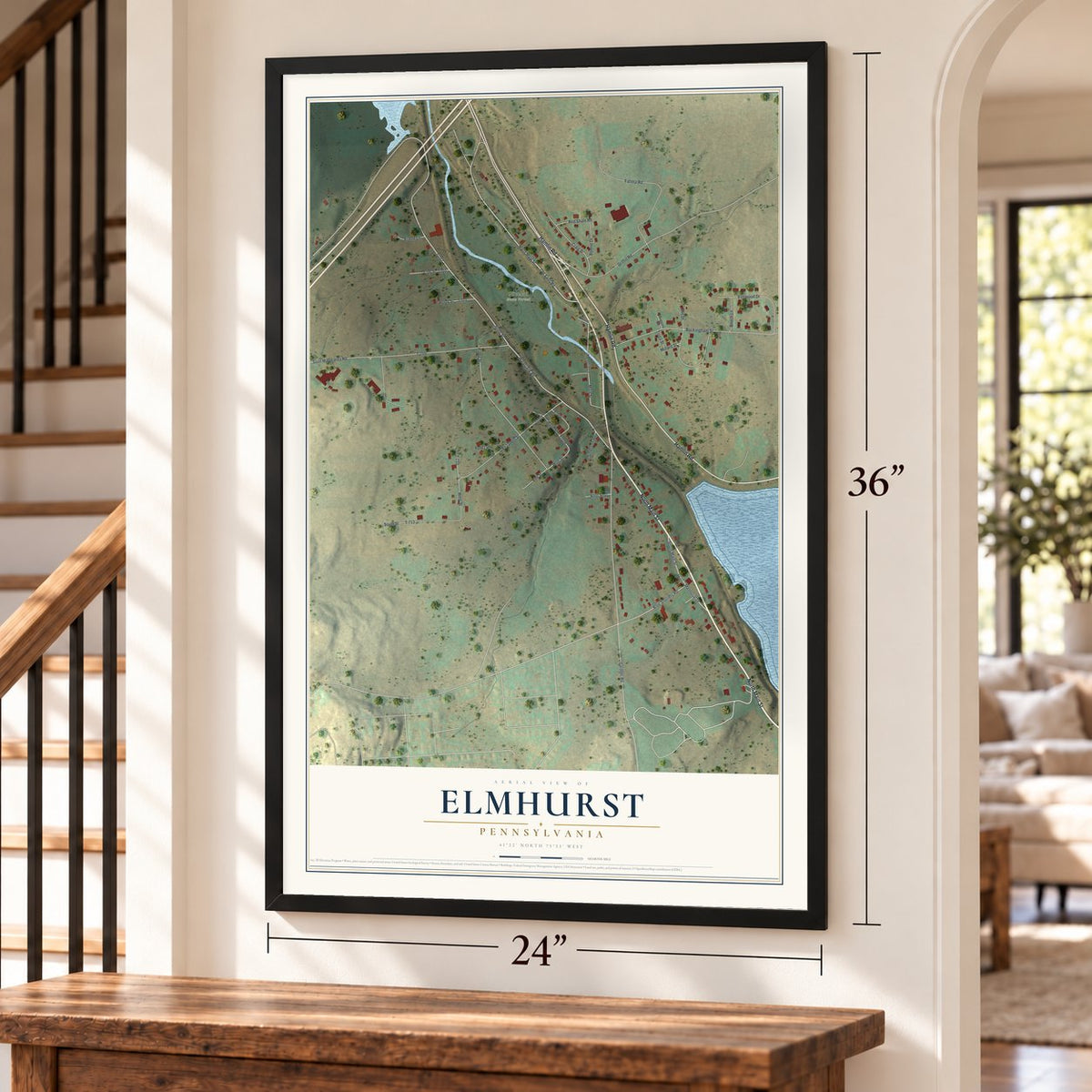 Elmhurst, Pennsylvania map, 24 x 36 inch print in a black frame by a staircase