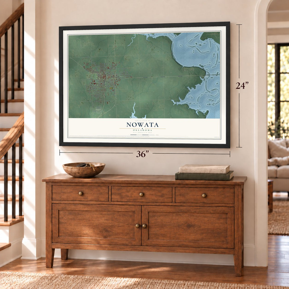 Nowata, Oklahoma map, 24 x 36 inch print in a black frame above a dresser by a staircase