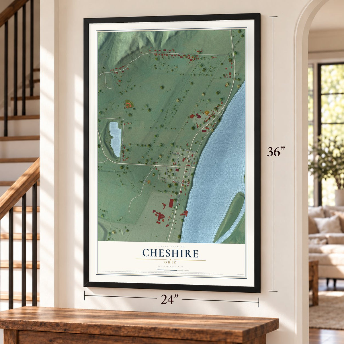 Cheshire, Ohio map, 24 x 36 inch print in a black frame by a staircase