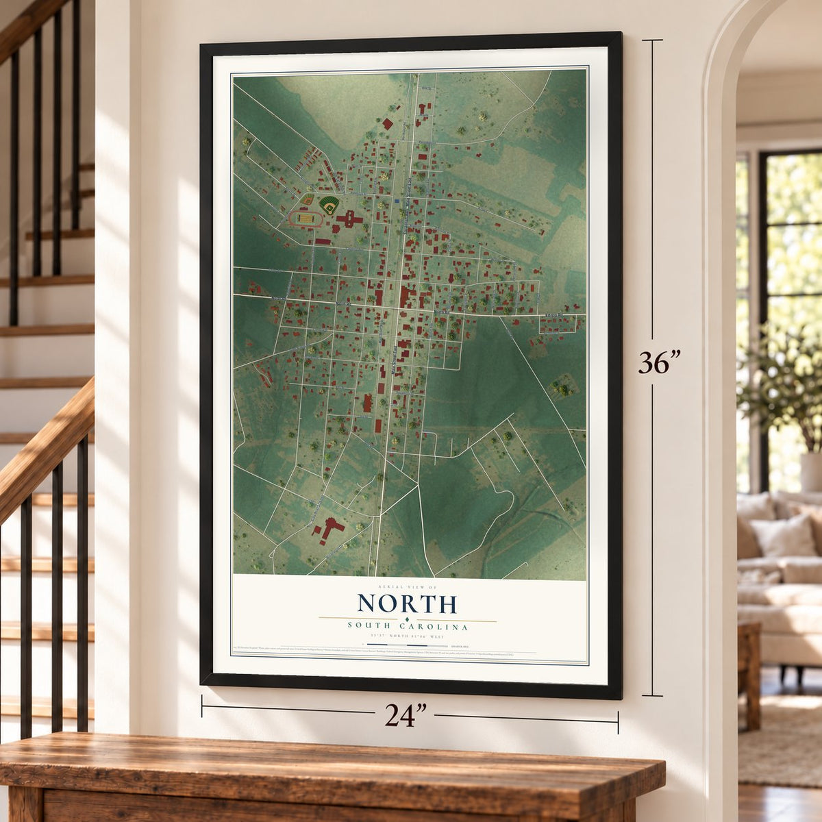 North, South Carolina map, 24 x 36 inch print in a black frame by a staircase
