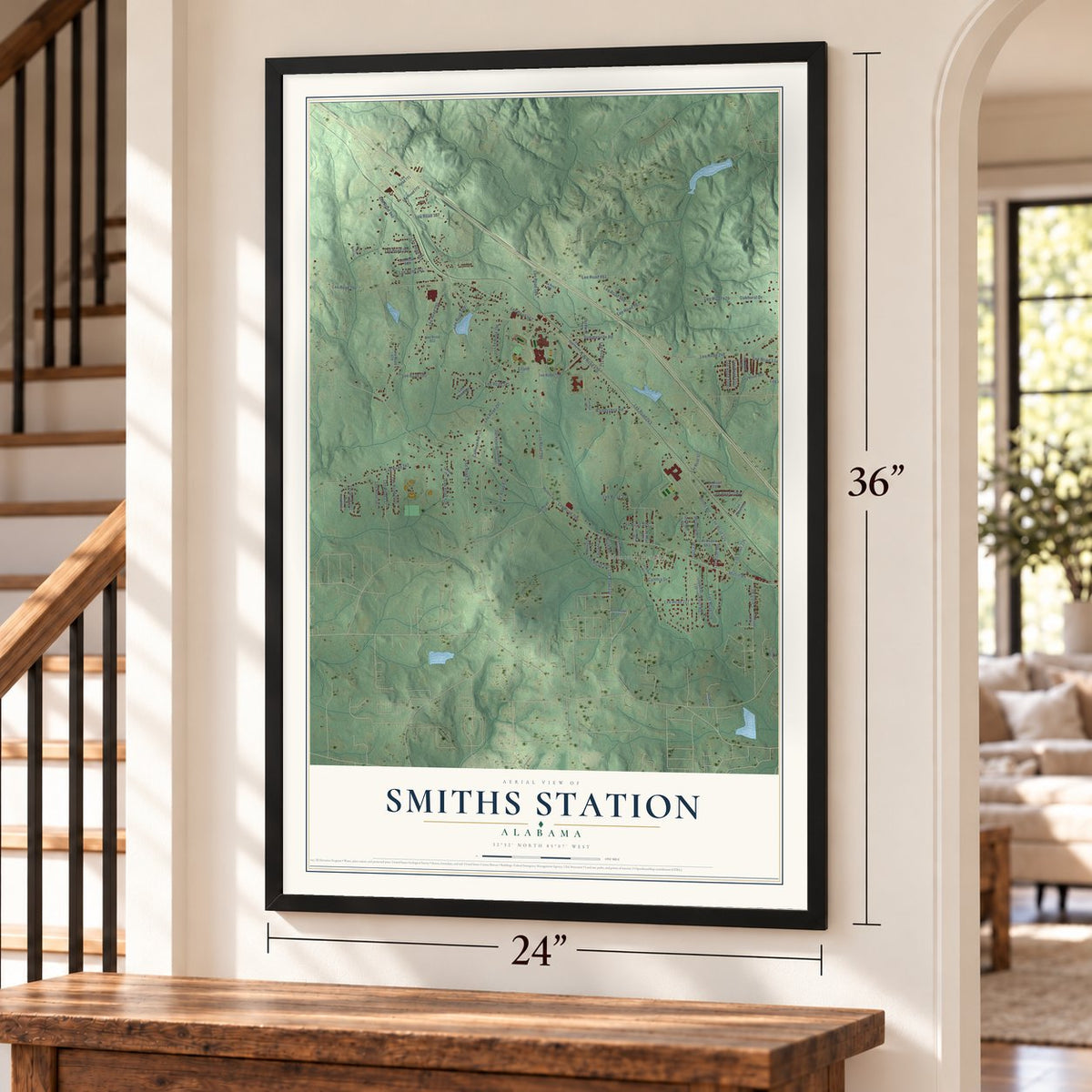 Smiths Station, Alabama map, 24 x 36 inch print in a black frame by a staircase