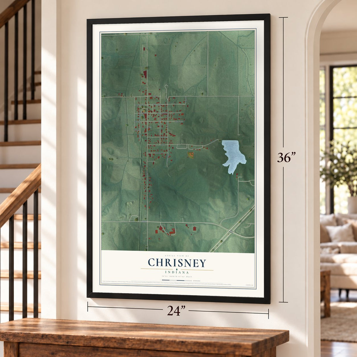 Chrisney, Indiana map, 24 x 36 inch print in a black frame by a staircase