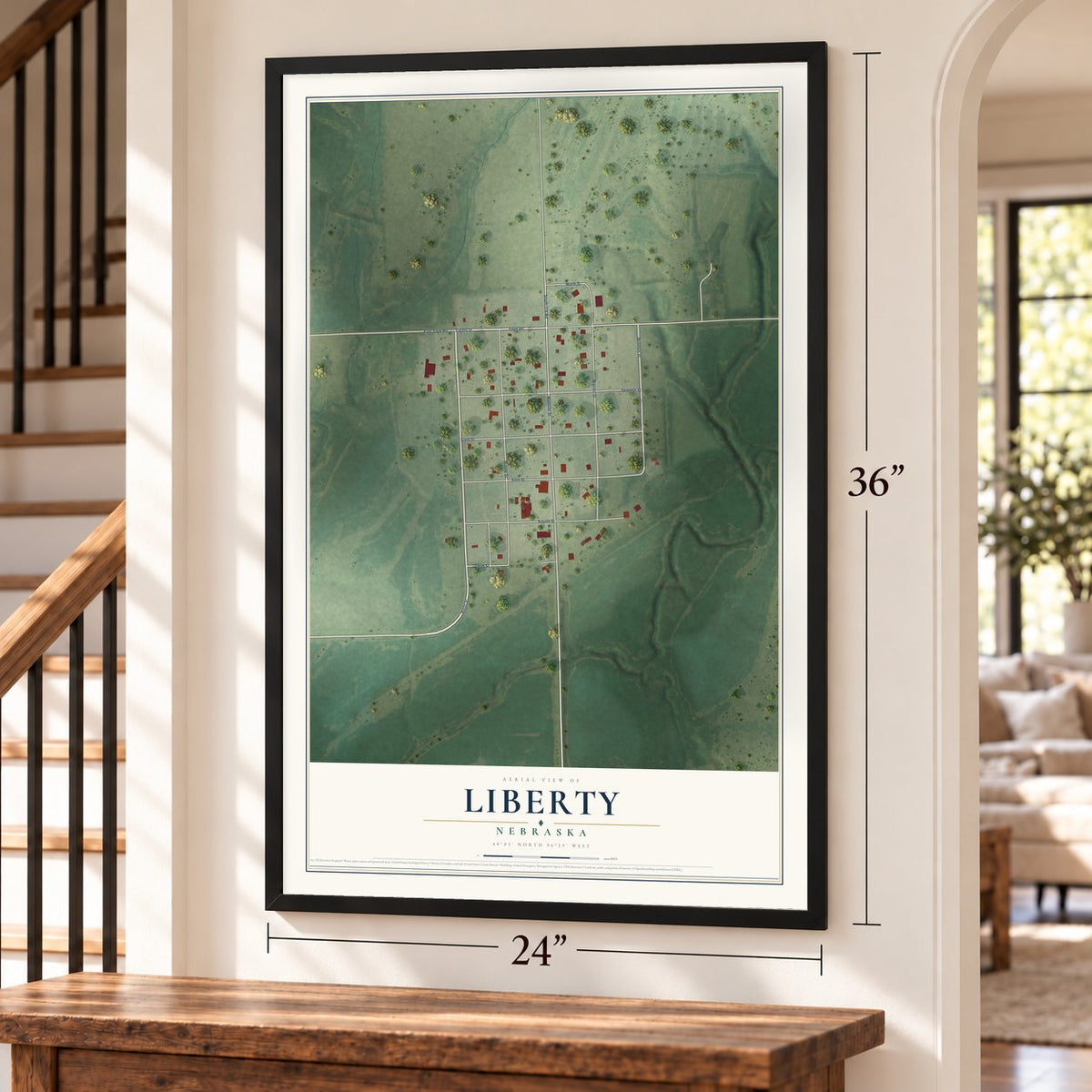 Liberty, Nebraska map, 24 x 36 inch print in a black frame by a staircase