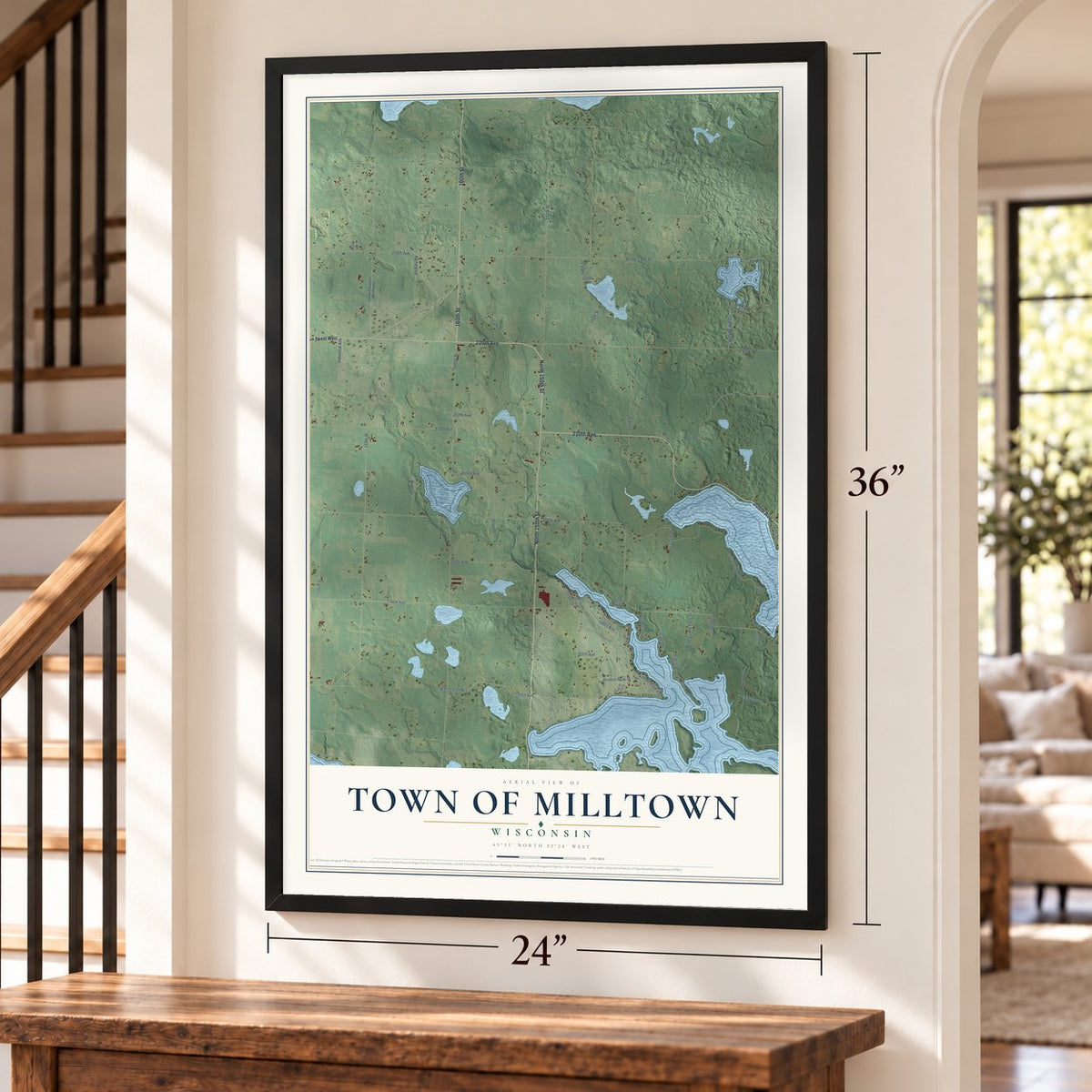 Town of Milltown, Wisconsin map, 24 x 36 inch print in a black frame by a staircase
