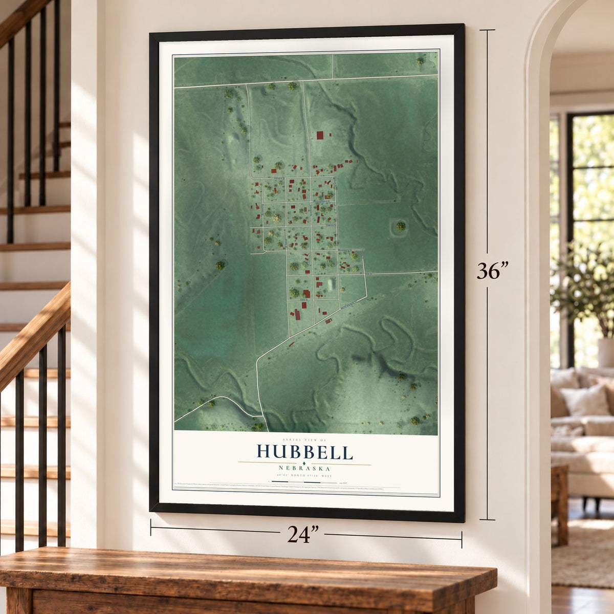 Hubbell, Nebraska map, 24 x 36 inch print in a black frame by a staircase