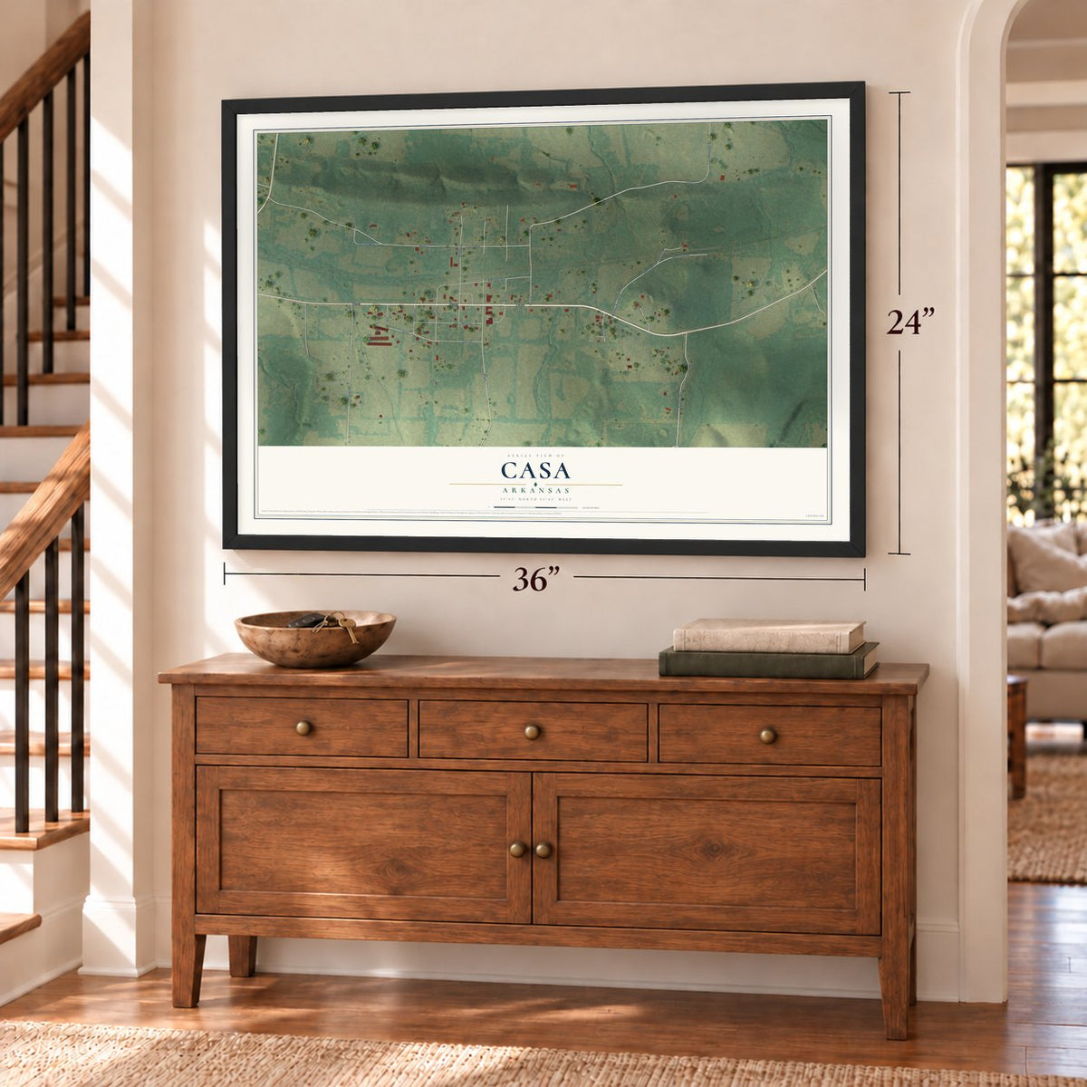 Casa, Arkansas map, 24 x 36 inch print in a black frame above a dresser by a staircase