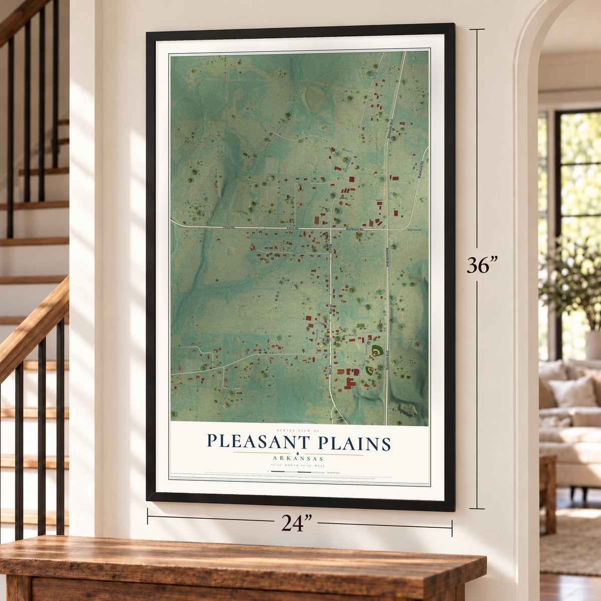 Pleasant Plains, Arkansas map, 24 x 36 inch print in a black frame by a staircase