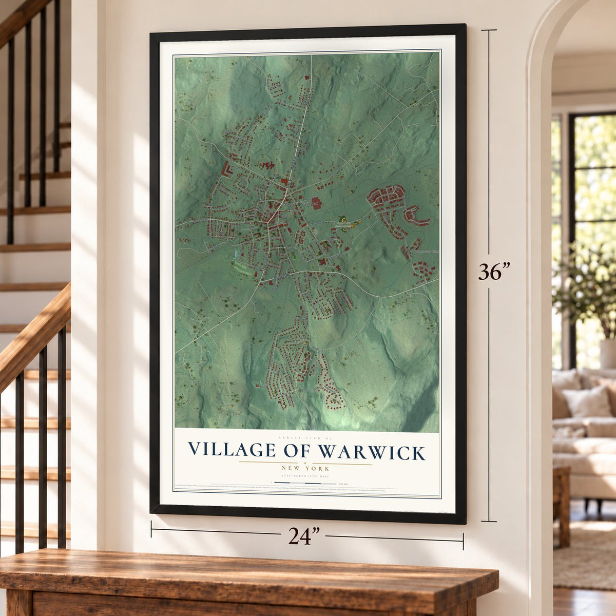 Village of Warwick, New York map, 24 x 36 inch print in a black frame by a staircase