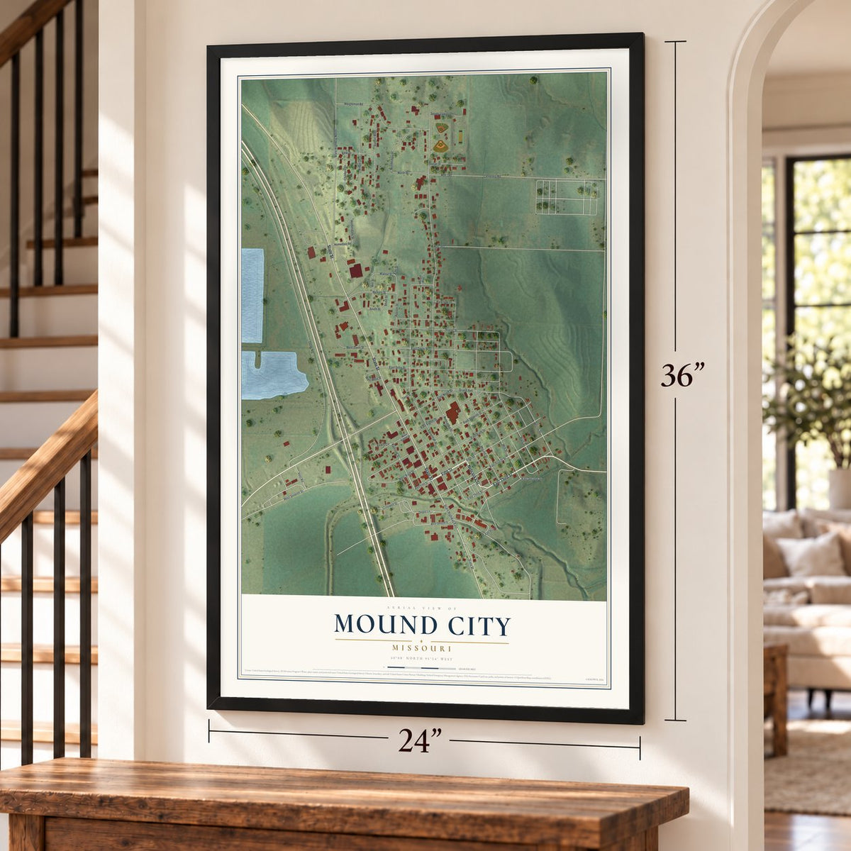 Mound City, Missouri map, 24 x 36 inch print in a black frame by a staircase