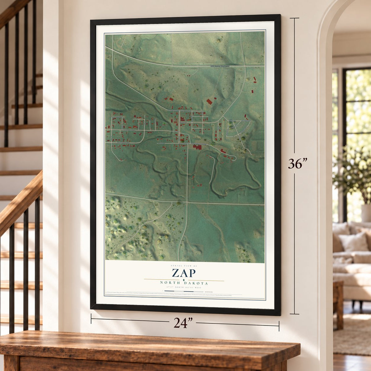 Zap, North Dakota map, 24 x 36 inch print in a black frame by a staircase