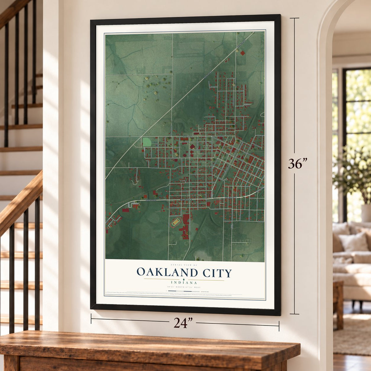 Oakland City, Indiana map, 24 x 36 inch print in a black frame by a staircase