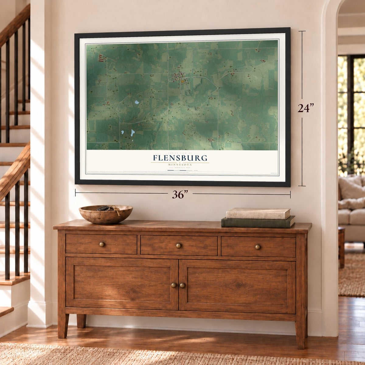 Flensburg, Minnesota map, 24 x 36 inch print in a black frame above a dresser by a staircase