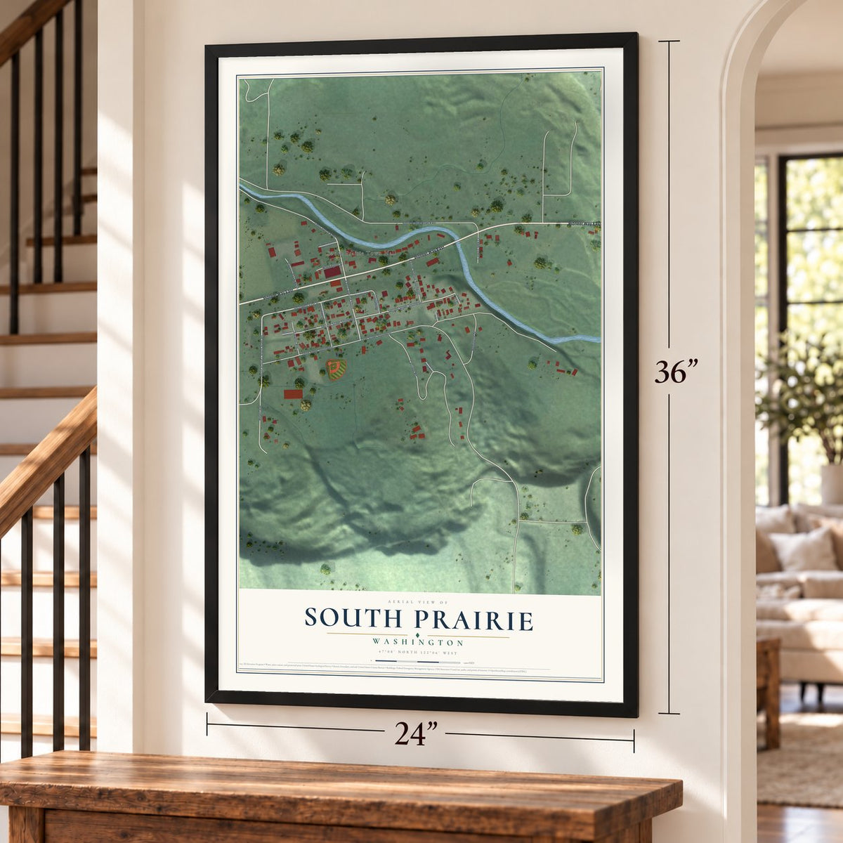 South Prairie, Washington map, 24 x 36 inch print in a black frame by a staircase