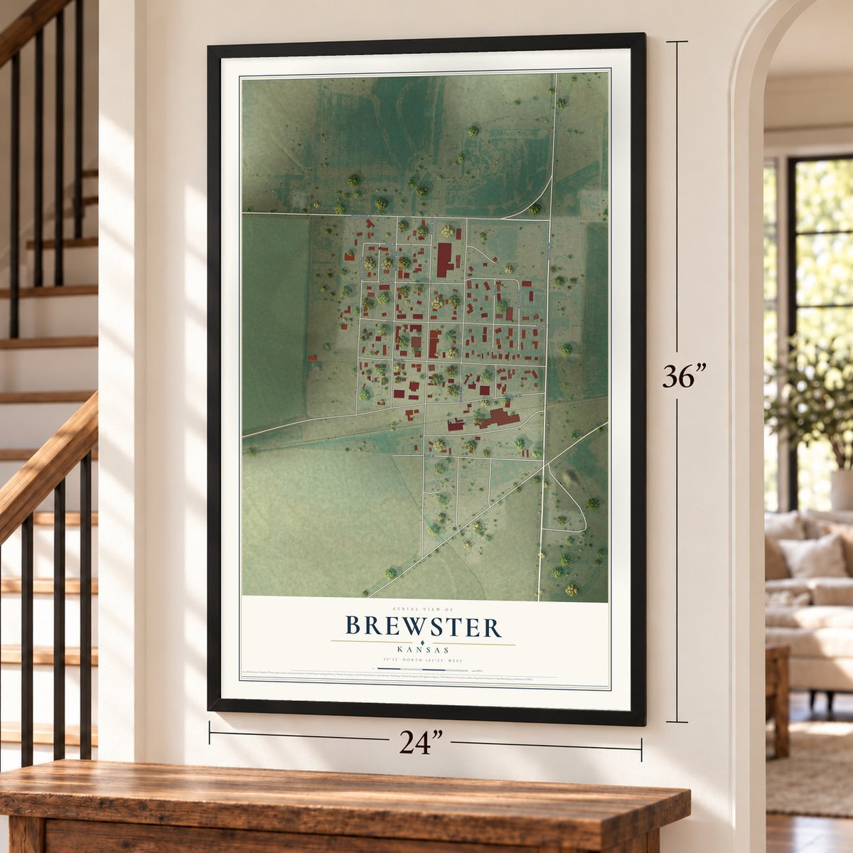 Brewster, Kansas map, 24 x 36 inch print in a black frame by a staircase