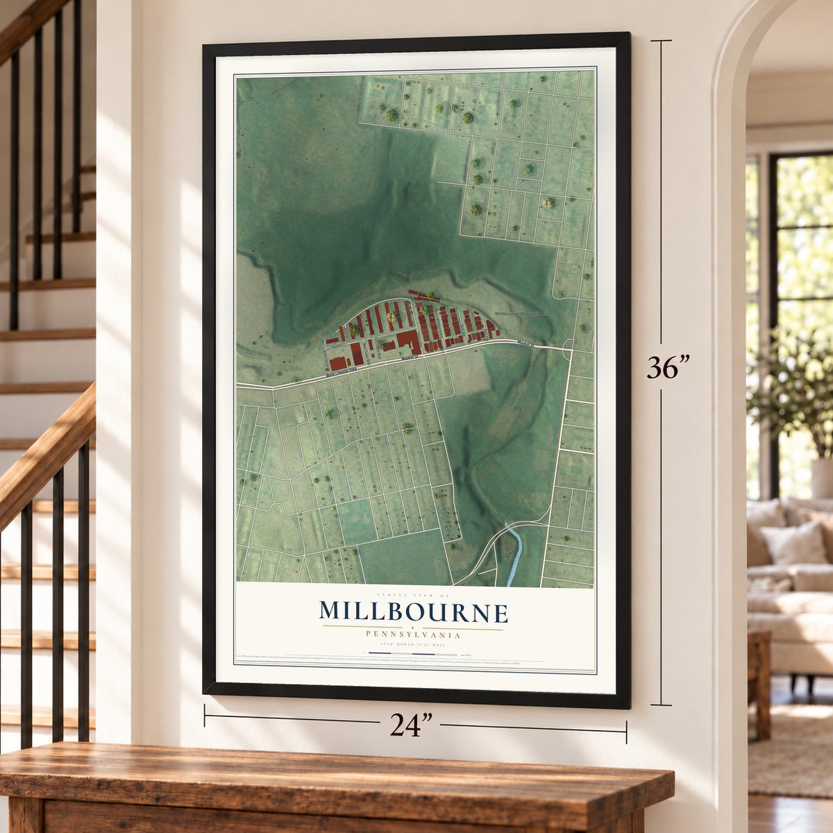 Millbourne, Pennsylvania map, 24 x 36 inch print in a black frame by a staircase