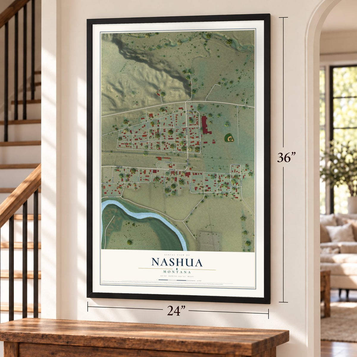Nashua, Montana map, 24 x 36 inch print in a black frame by a staircase