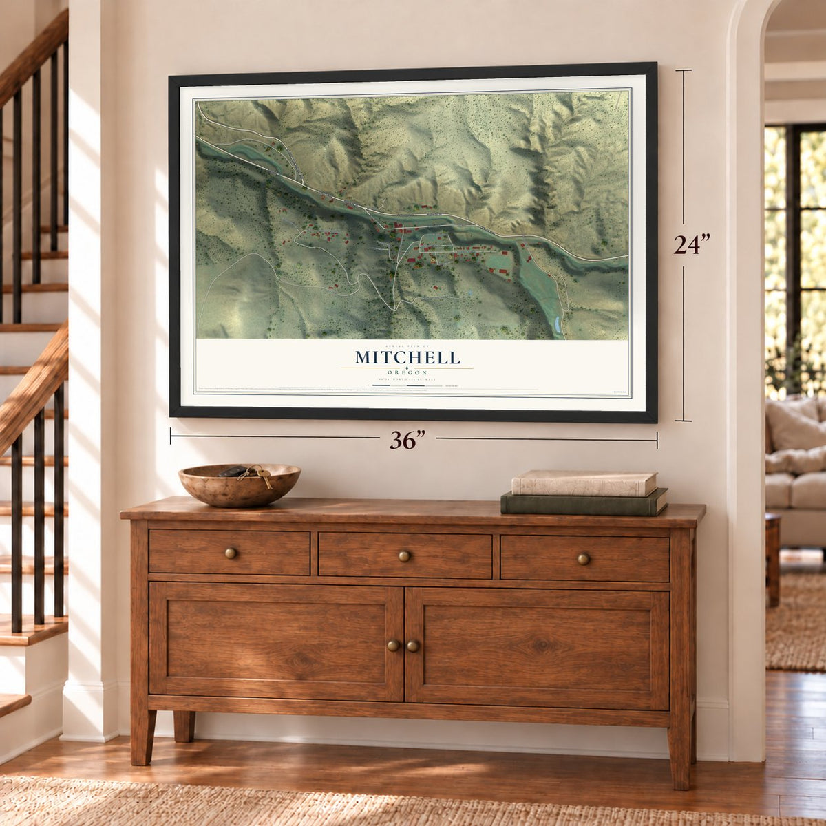 Mitchell, Oregon map, 24 x 36 inch print in a black frame above a dresser by a staircase