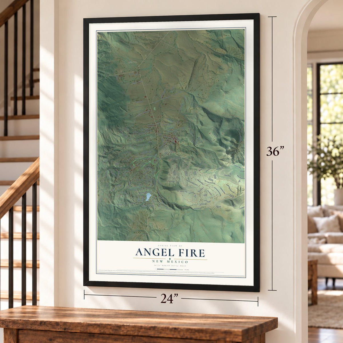 Angel Fire, New Mexico map, 24 x 36 inch print in a black frame by a staircase