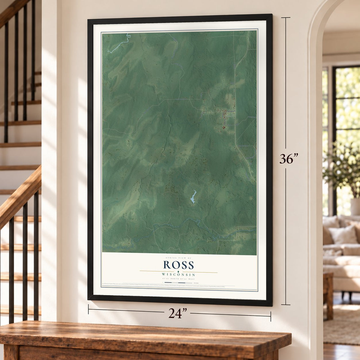 Ross, Wisconsin map, 24 x 36 inch print in a black frame by a staircase