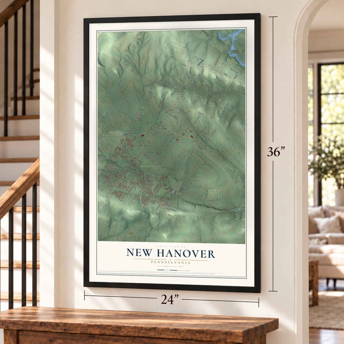 New Hanover, Pennsylvania map, 24 x 36 inch print in a black frame by a staircase