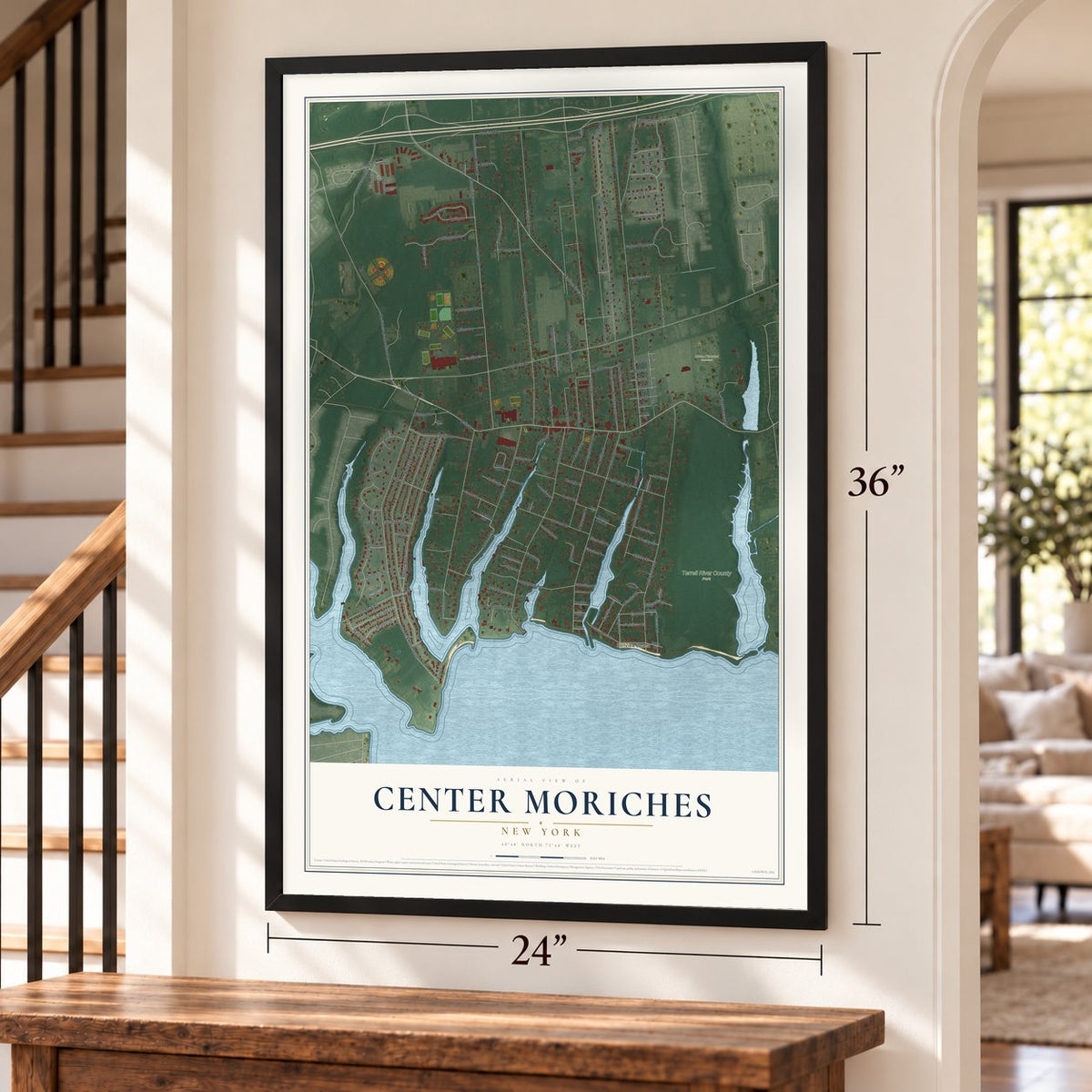 Center Moriches, New York map, 24 x 36 inch print in a black frame by a staircase