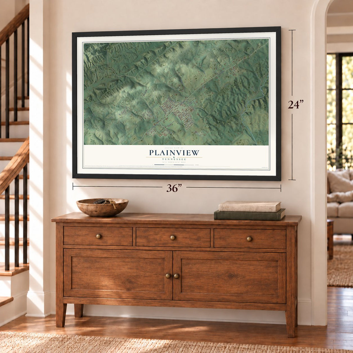 Plainview, Tennessee map, 24 x 36 inch print in a black frame above a dresser by a staircase