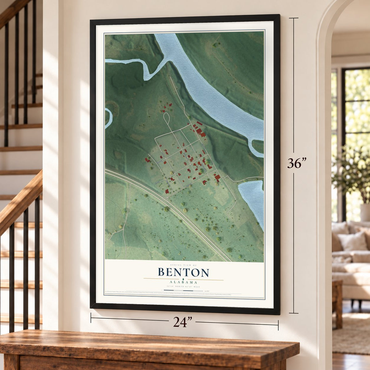 Benton, Alabama map, 24 x 36 inch print in a black frame by a staircase