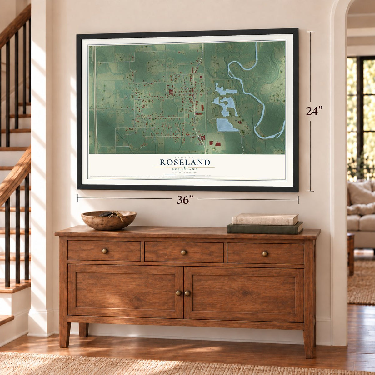 Roseland, Louisiana map, 24 x 36 inch print in a black frame above a dresser by a staircase
