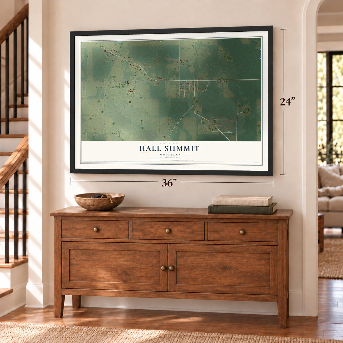 Hall Summit, Louisiana map, 24 x 36 inch print in a black frame above a dresser by a staircase