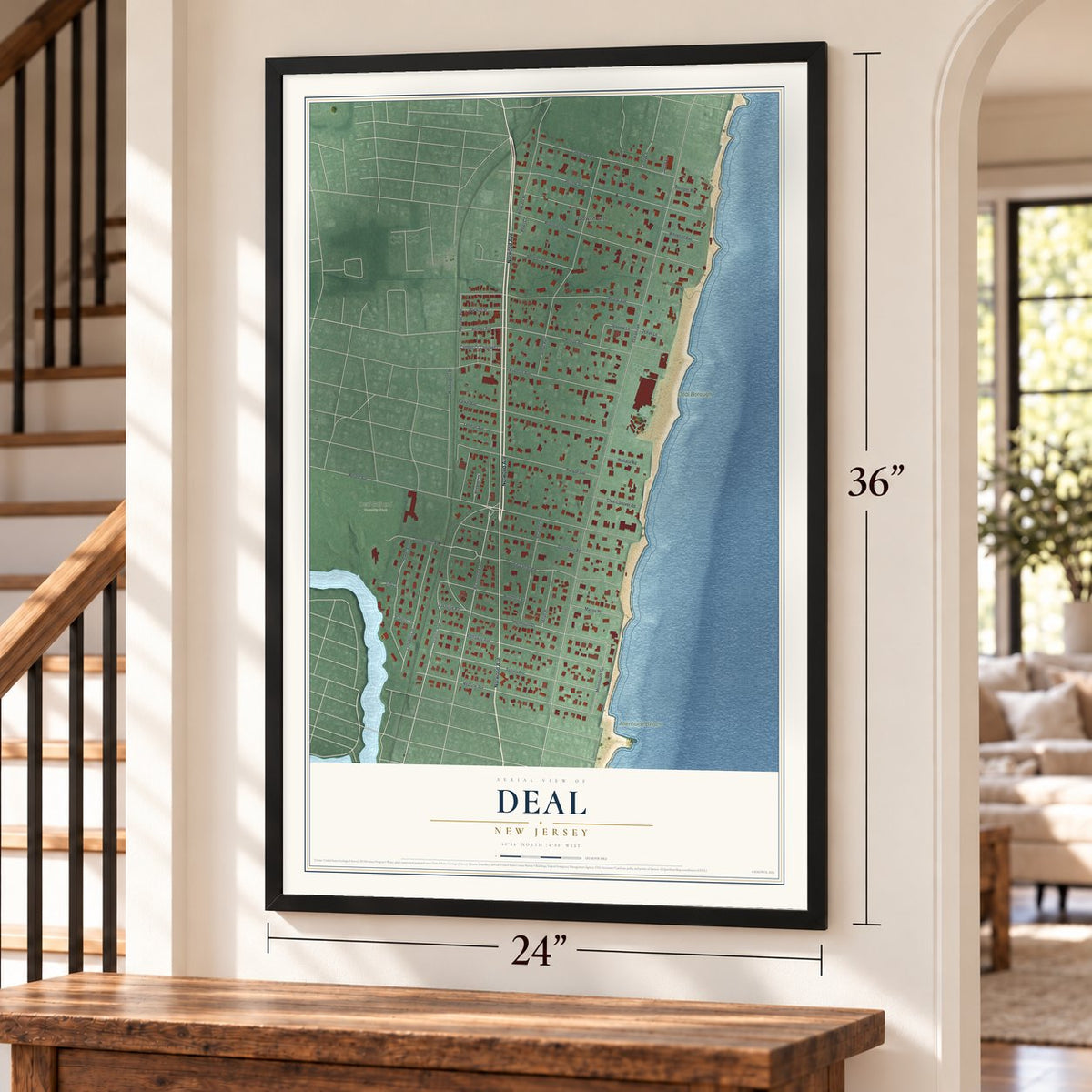 Deal, New Jersey map, 24 x 36 inch print in a black frame by a staircase
