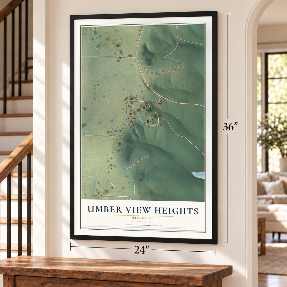 Umber View Heights, Missouri map, 24 x 36 inch print in a black frame by a staircase