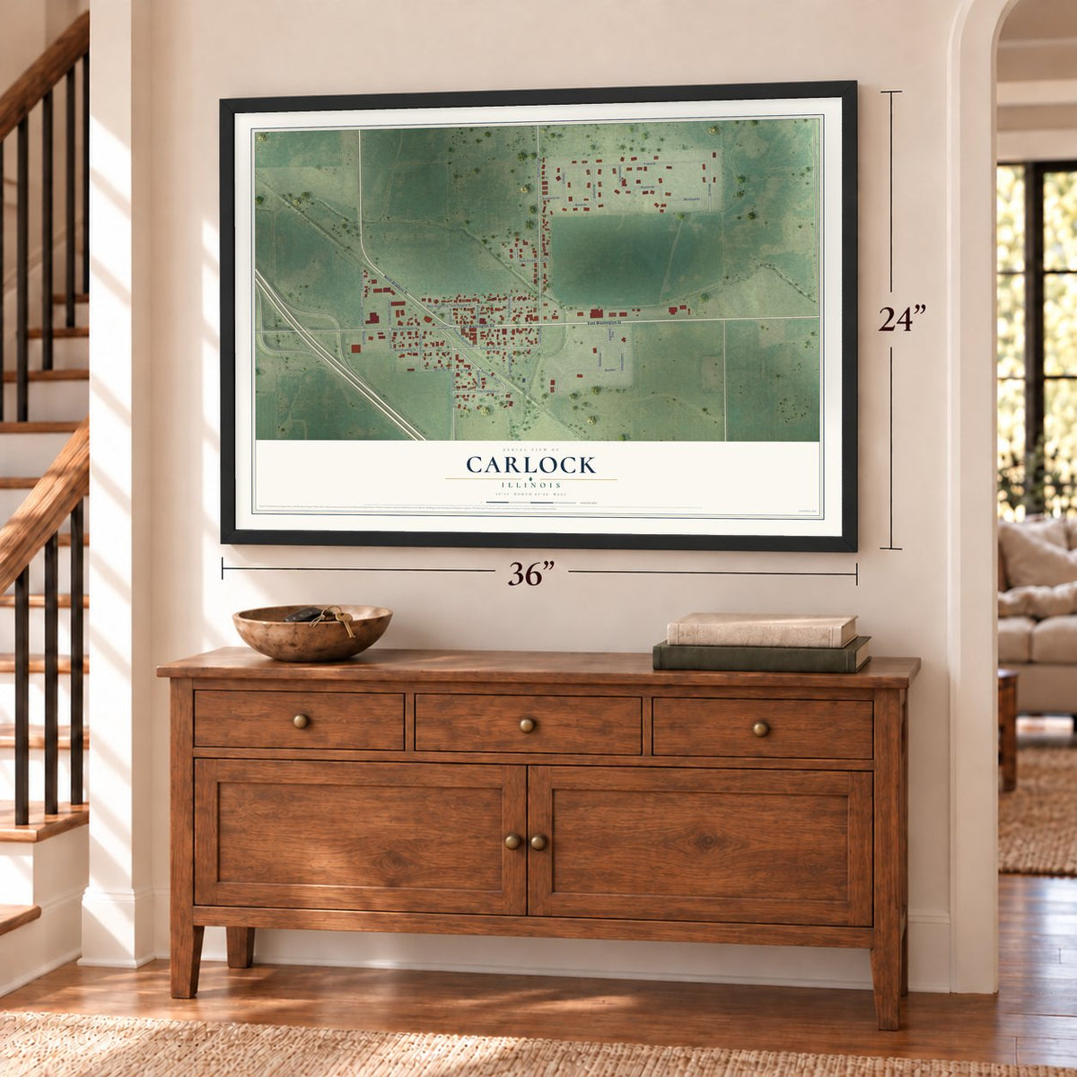 Carlock, Illinois map, 24 x 36 inch print in a black frame above a dresser by a staircase