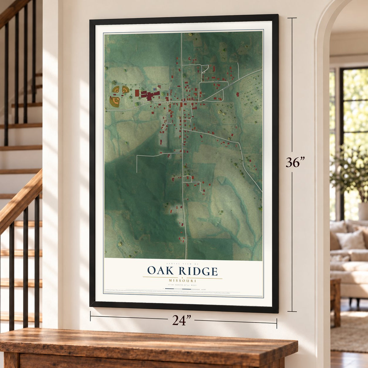 Oak Ridge, Missouri map, 24 x 36 inch print in a black frame by a staircase