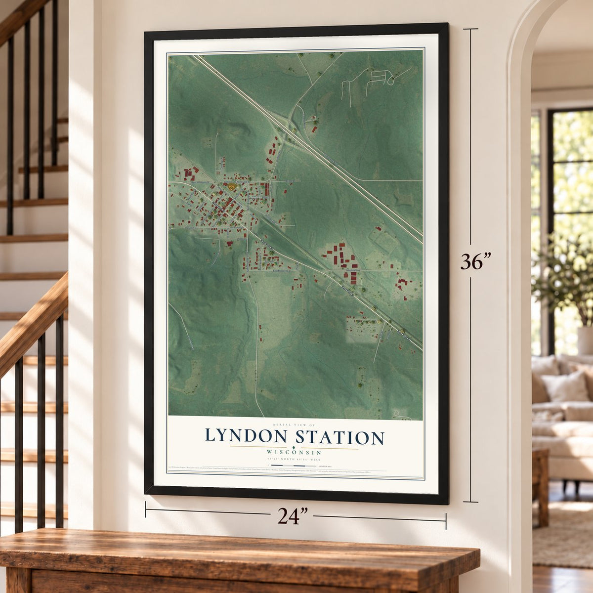 Lyndon Station, Wisconsin map, 24 x 36 inch print in a black frame by a staircase
