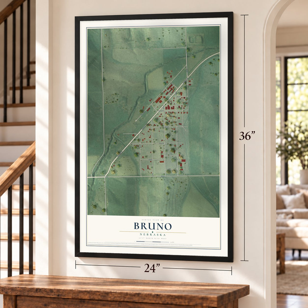 Bruno, Nebraska map, 24 x 36 inch print in a black frame by a staircase