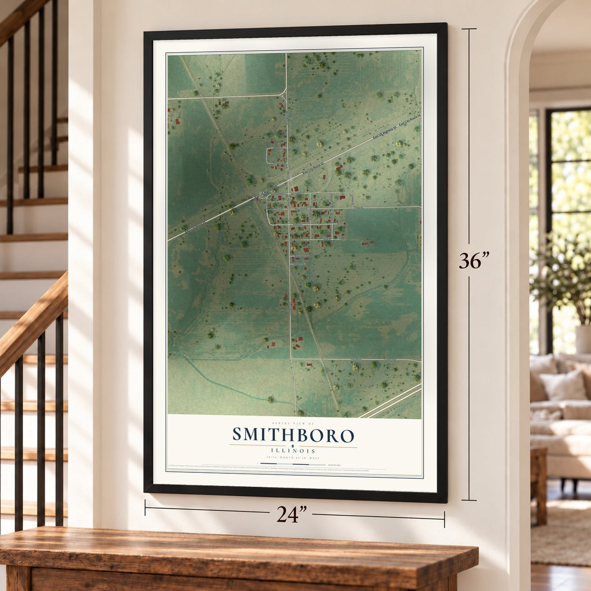 Smithboro, Illinois map, 24 x 36 inch print in a black frame by a staircase