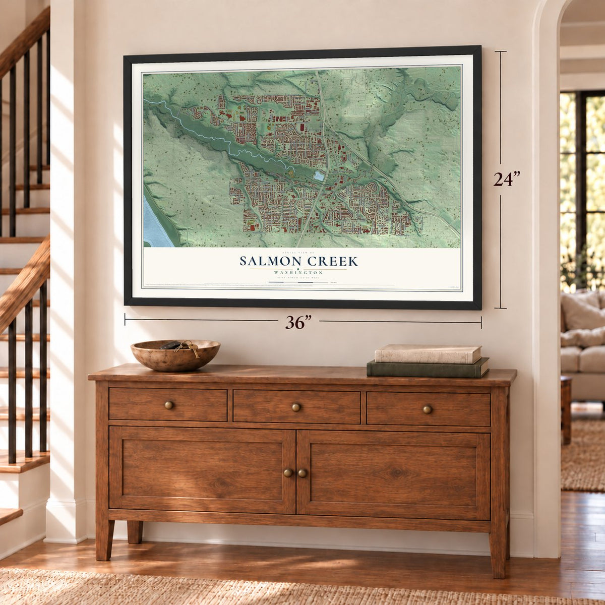 Salmon Creek, Washington map, 24 x 36 inch print in a black frame above a dresser by a staircase
