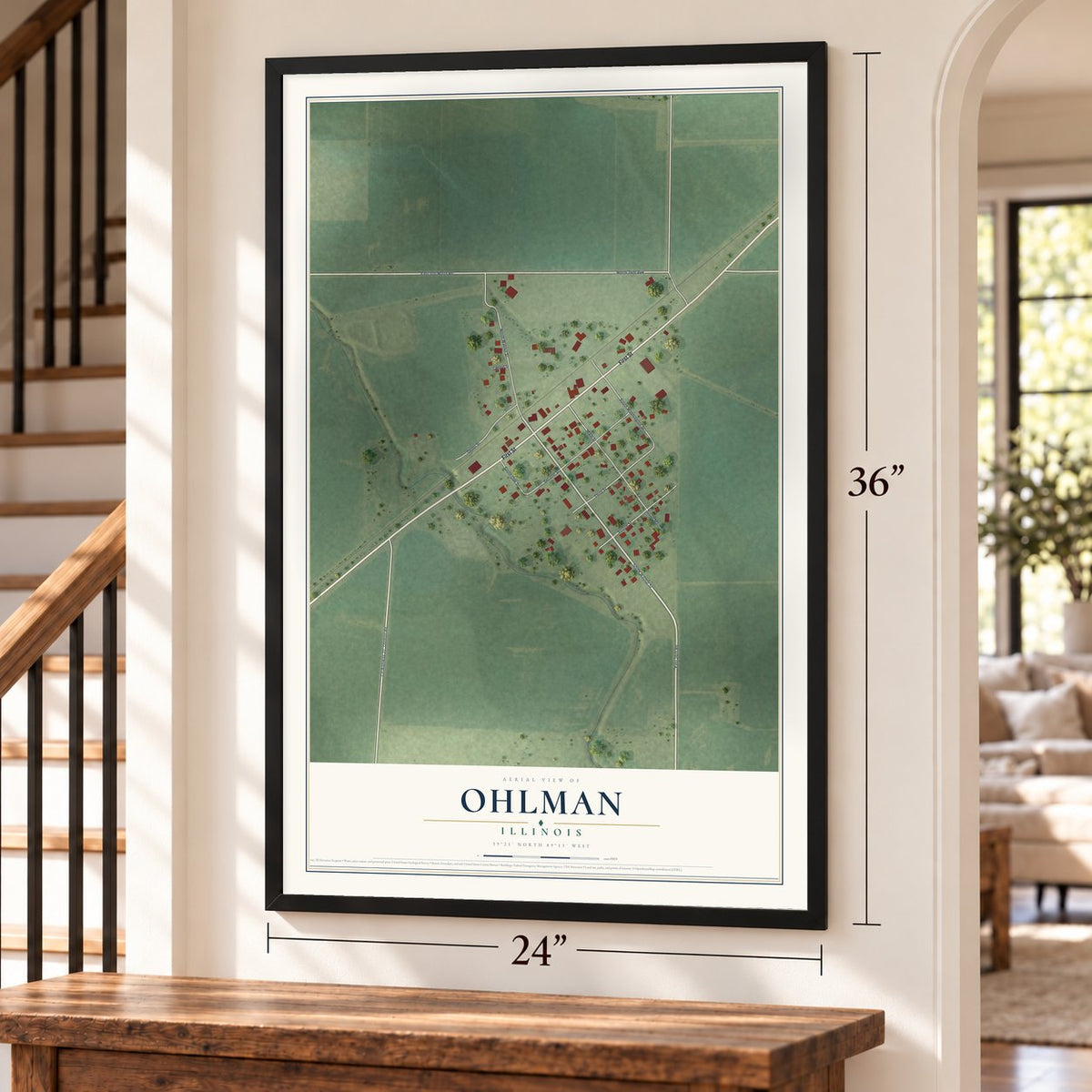 Ohlman, Illinois map, 24 x 36 inch print in a black frame by a staircase