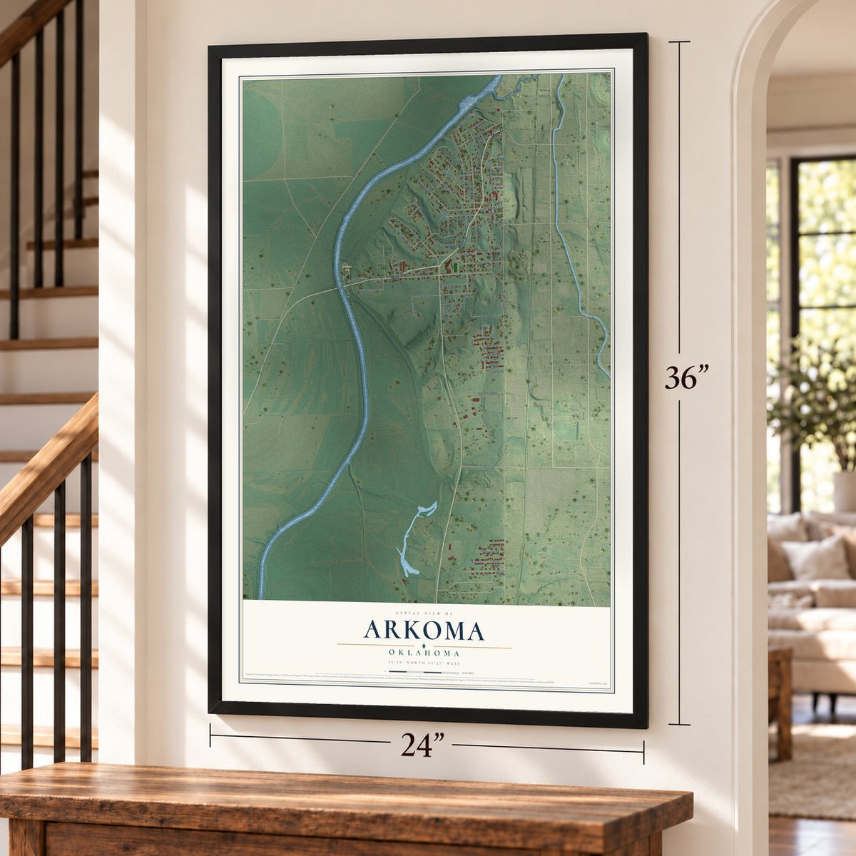 Arkoma, Oklahoma map, 24 x 36 inch print in a black frame by a staircase