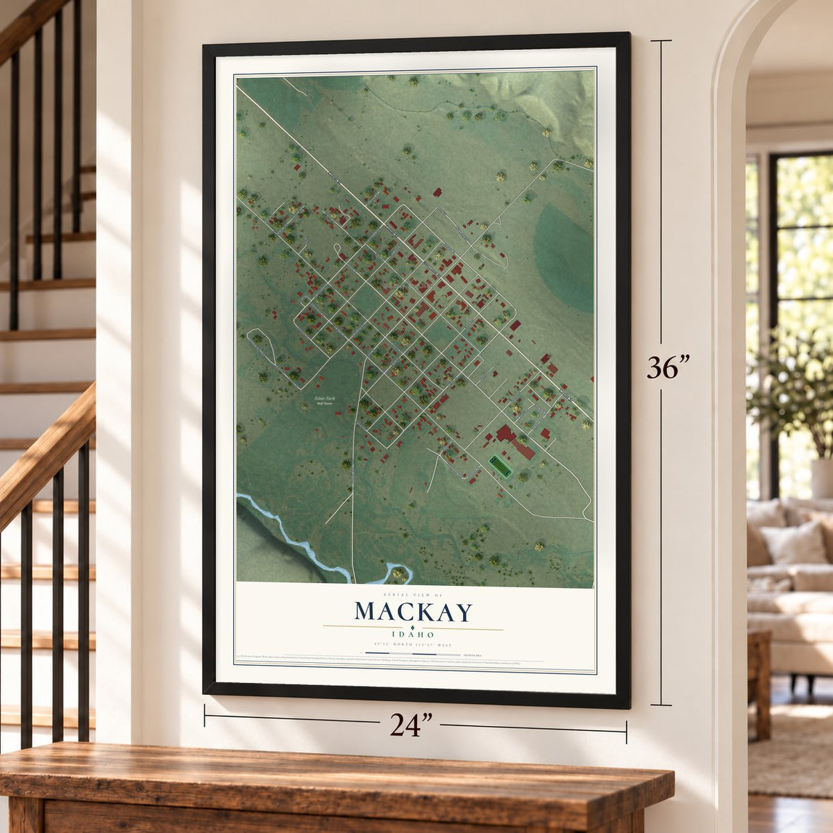 Mackay, Idaho map, 24 x 36 inch print in a black frame by a staircase