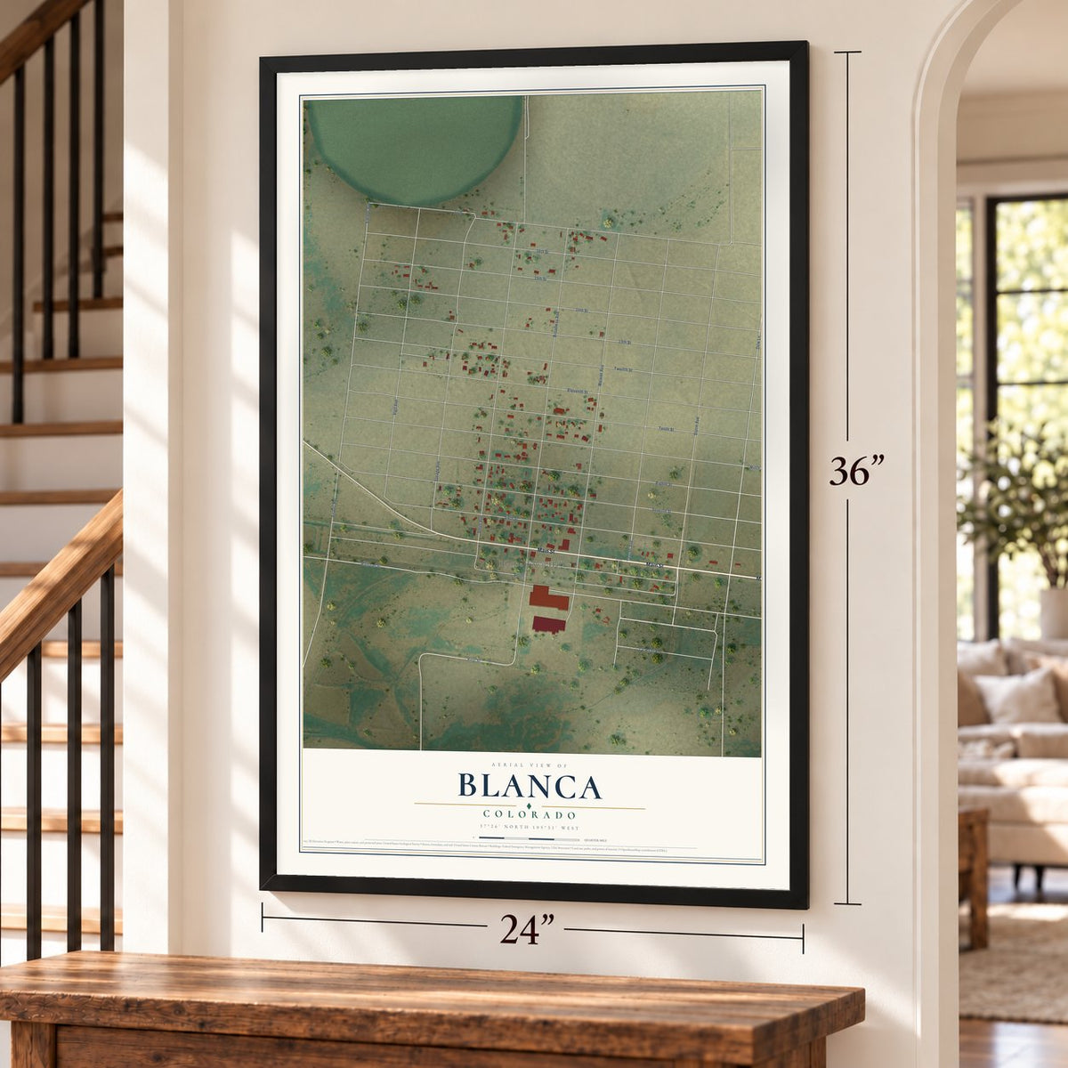 Blanca, Colorado map, 24 x 36 inch print in a black frame by a staircase