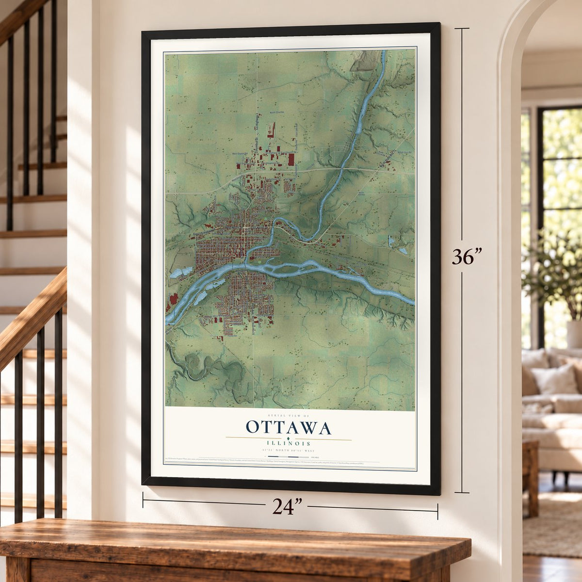 Ottawa, Illinois map, 24 x 36 inch print in a black frame by a staircase