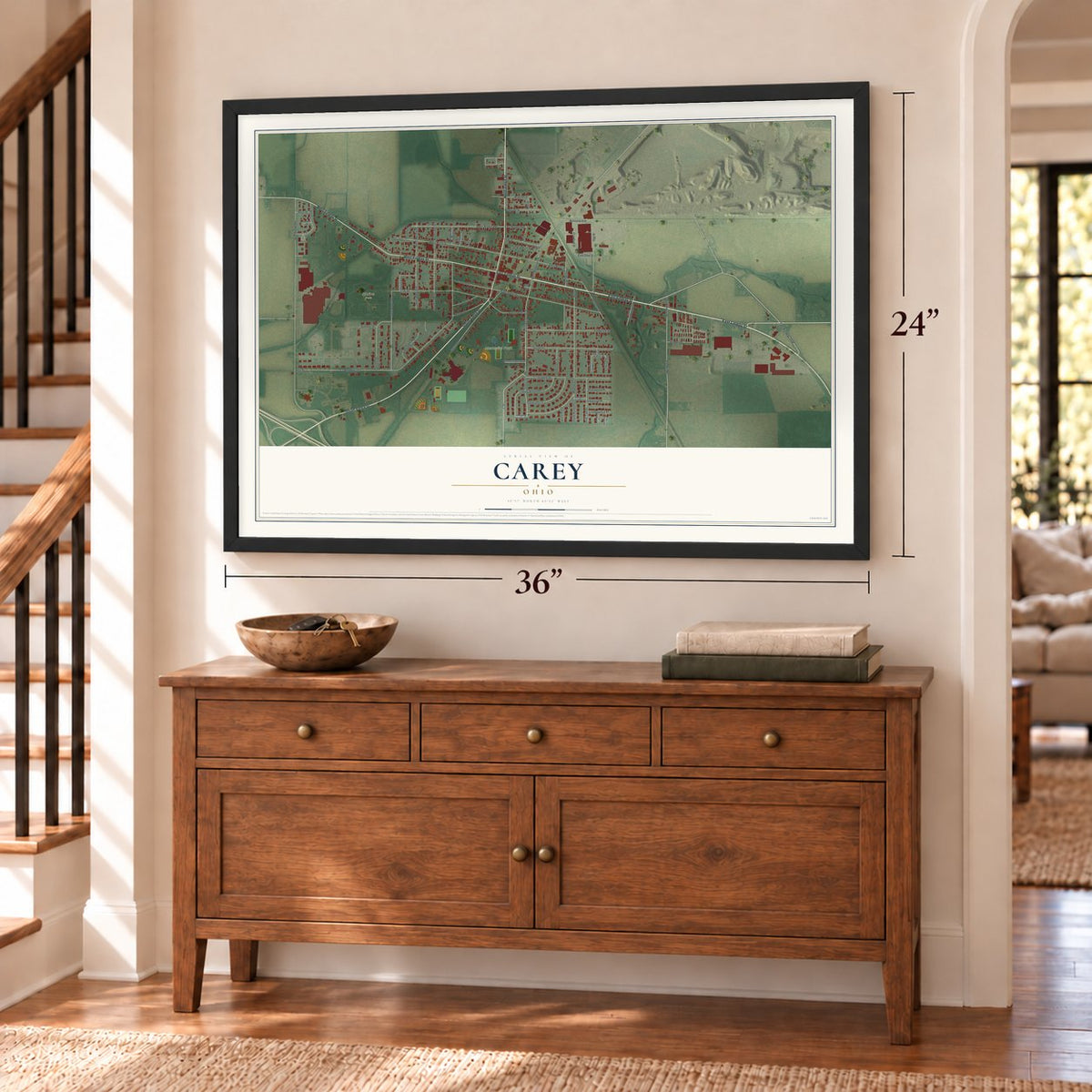 Carey, Ohio map, 24 x 36 inch print in a black frame above a dresser by a staircase