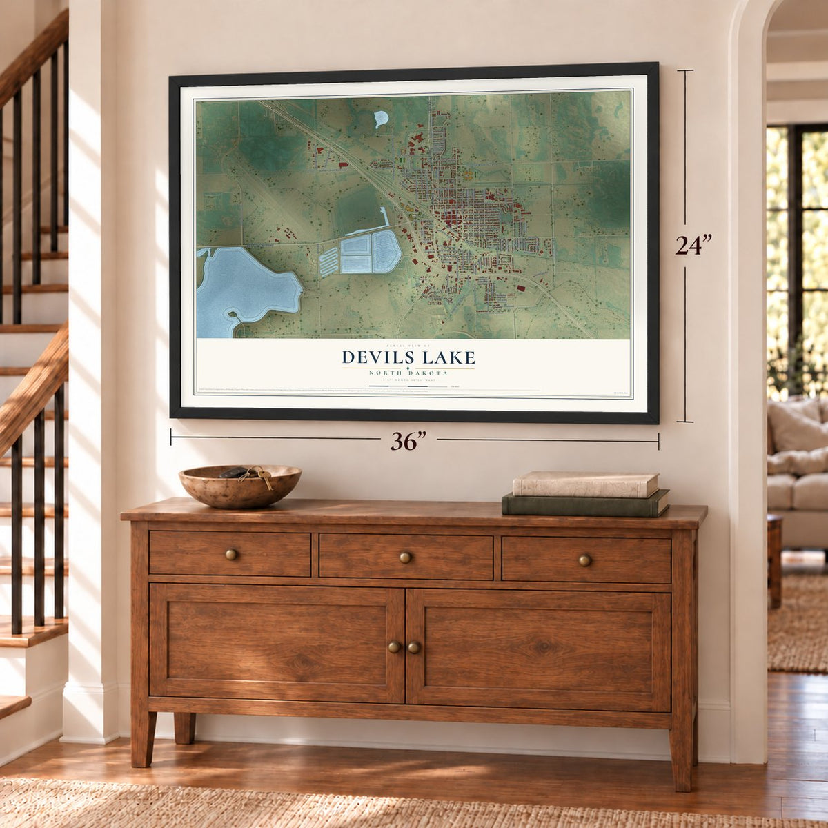 Devils Lake, North Dakota map, 24 x 36 inch print in a black frame above a dresser by a staircase