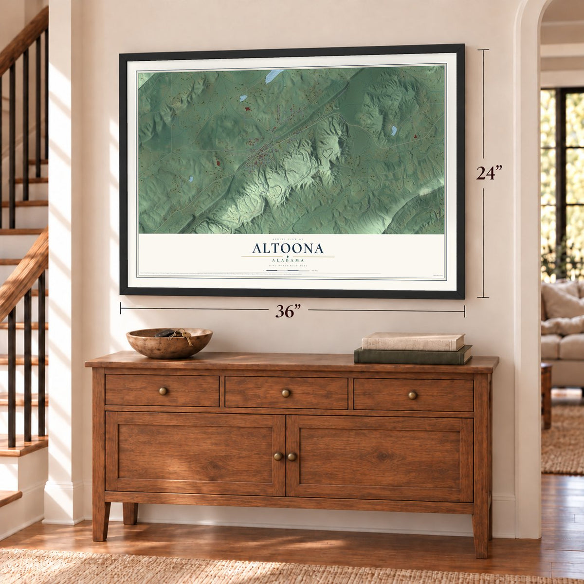 Altoona, Alabama map, 24 x 36 inch print in a black frame above a dresser by a staircase